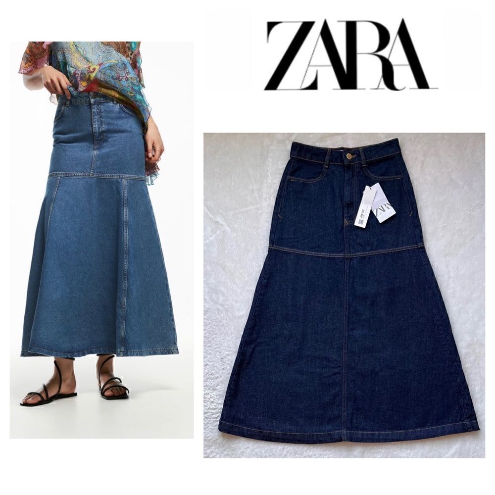 NWT Zara Dark Blue Wash High Waisted A-Line Paneled Denim Midi Skirt, Size XS